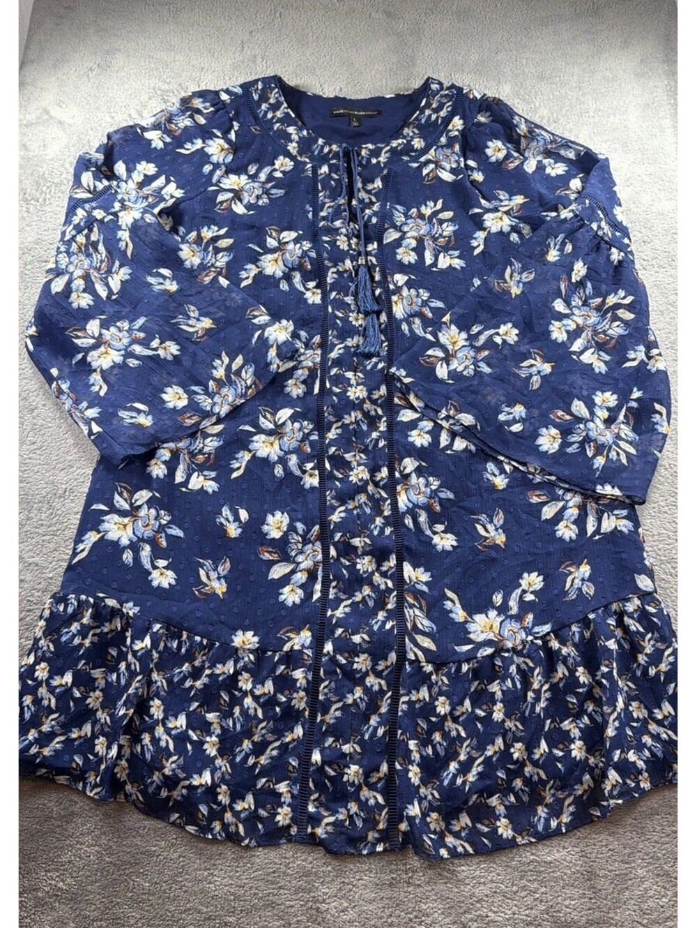 White House Black Market Dress L Blue Floral Boho Tassel Tie Bell Sleeve - Picture 1 of 12